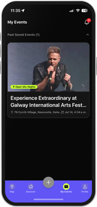 CeolX My Events screen showing saved events