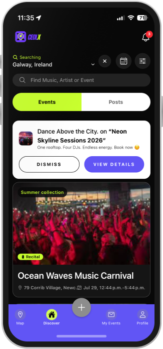 CeolX Discover feed showing live events and posts near Galway
