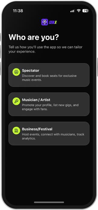 CeolX onboarding screen asking whether you are a spectator, musician or business