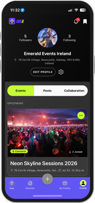 CeolX artist profile screen with followers, events and posts tabs