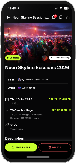 CeolX event detail screen for Neon Skyline Sessions 2026
